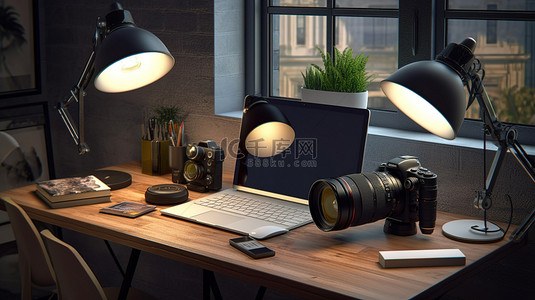 工作场所背景图片_自由职业者的工作站 3D 插图，配有带摄像头的笔记本电脑和桌子上的灯