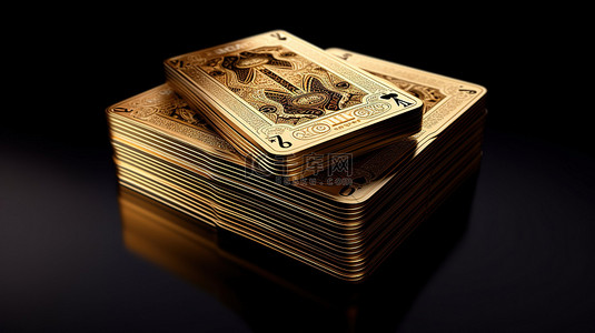 豪华的金色卡片，带有赌场元素，在黑色背景下引人注目的 3D 渲染插图