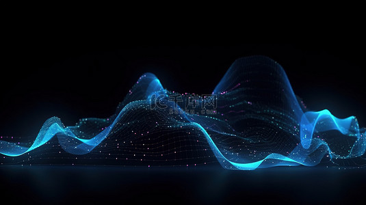 数字蓝色霓虹波技术网络大数据世界中 3d 线粒子和点的抽象背景