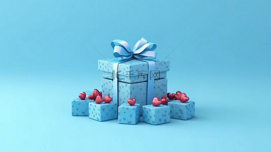 情人节设计概念的蓝色背景爱情礼盒的 3D 渲染
