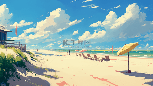 蓝天白云沙滩度假夏天卡通背景