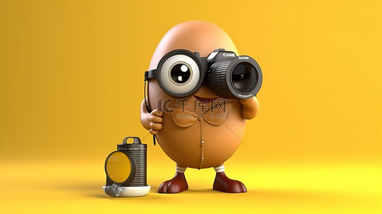 黄色背景展示了 3D 渲染的吉祥物，拿着现代数码相机和棕色鸡蛋
