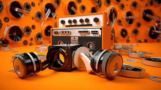 听收音机背景图片_耳机和录音机站在彩色磁带 3d 渲染中