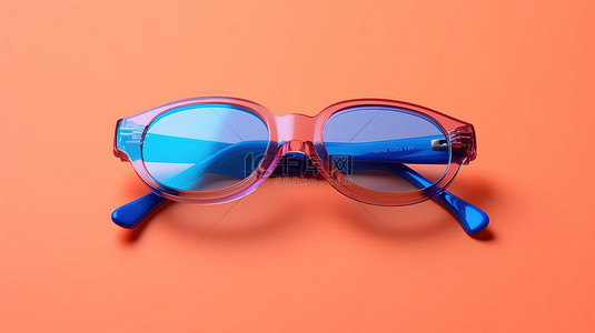 眼睛眼镜背景图片_从前顶角看粉色背景上蓝色和橙色 3D 眼镜的部分视图