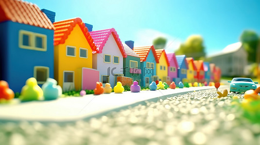 村庄风景背景图片_微型房屋在明亮的夏日 3D 渲染背景