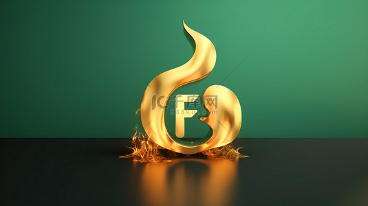 炽热的徽章 3D 渲染社交媒体图标，带有潮水绿色背景和福尔图纳金火符号