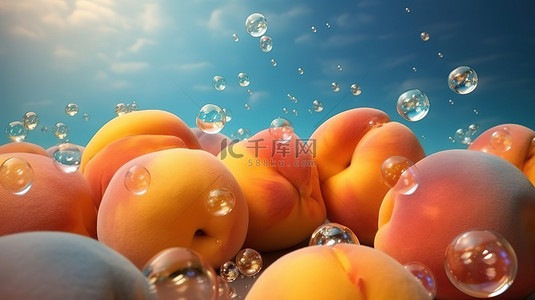 背景喜悦背景图片_桃子的喜悦，起泡的 3d 渲染的桃子在星空中