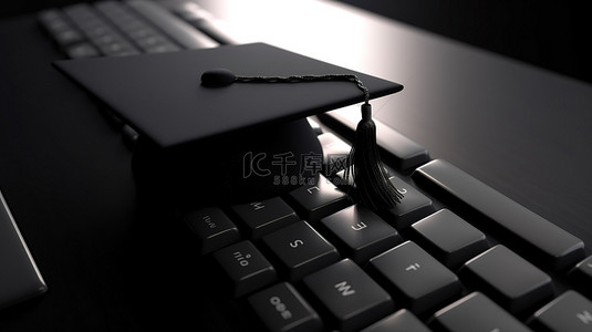 产业发展科技背景图片_黑板背景上有 3d 毕业帽的电脑键盘