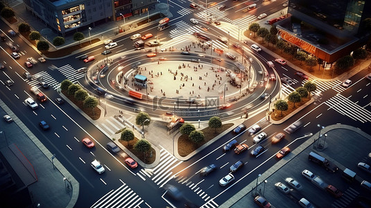 繁忙的城市交通背景图片_繁华的城市景观中繁忙的十字路口 3D 插图