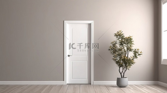 灰色墙壁的真实 3D 渲染，白色打开和关闭的门白色木地板镀铬花瓶和干燥植物