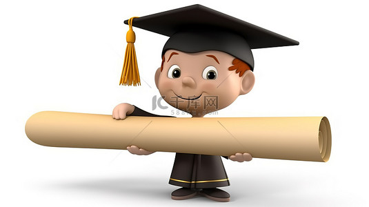 卡通毕业证背景图片_白色背景上紧握文凭的卡通手的 3D 插图