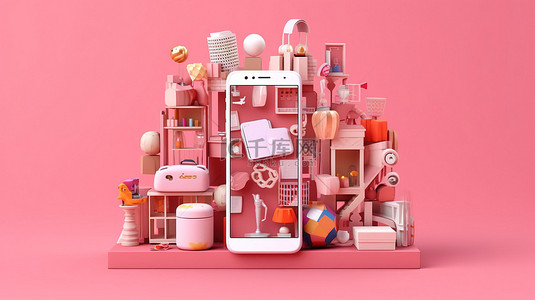 在充满活力的粉红色背景3d 渲染上使用智能手机浮动购物项目在任何地方购物