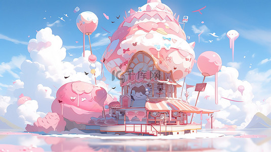 甜美风格背景图片_卡通风格的 3d 渲染融化的粉红色奶油景观