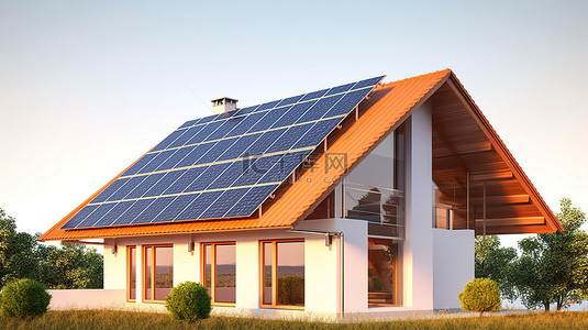 屋顶上有太阳能电池板的生态友好型房屋的 3D 插图