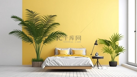 简约卧室的 3D 渲染，配有白色木板墙和小黄色棕榈 D Cor