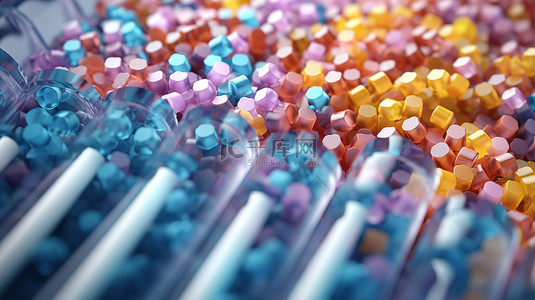 带颗粒的样品试管中聚合物塑料珠和树脂的图示
