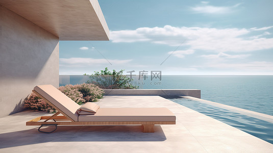 带日光浴甲板和海景的当代简约房屋的 3D 动画