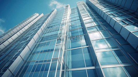 商业地产背景图片_企业摩天大楼的 3D 渲染，具有未来派建筑和从低角度视图捕获的玻璃窗