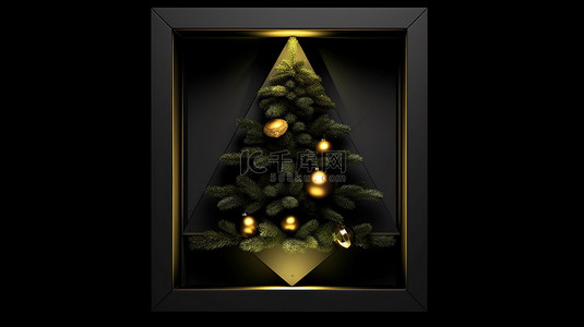 带黄色边框的黑色背景圣诞树的 3d 渲染
