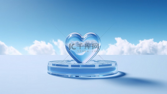 3d玻璃爱心背景图片_天空冰冷的心下的蓝色讲台 3d 渲染