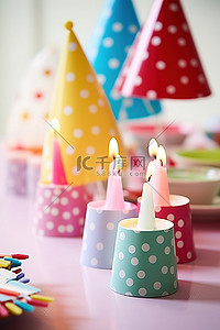 桌上的生日聚会，配有蜡烛和派对帽
