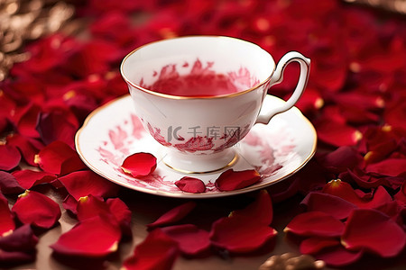 茶叶上的杯子和碟子，镶有红色花瓣