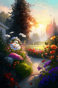 鲜花草地树阳光美丽的花园风景