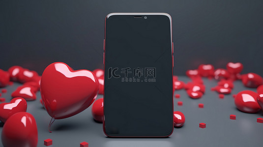 空白屏幕智能手机上的红心和日期应用程序 3d 渲染的在线爱情概念