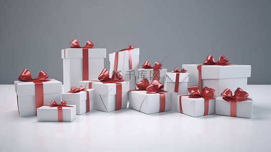 生日礼盒背景图片_一组装饰有红色蝴蝶结的白色礼盒的中性背景 3d 渲染