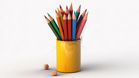 文具铅笔画背景图片_充满活力的彩色铅笔排列在容器中，在 3D 插图中呈现白色背景
