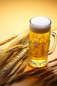 一杯啤酒，玻璃杯里有小麦和黄色的麦秆