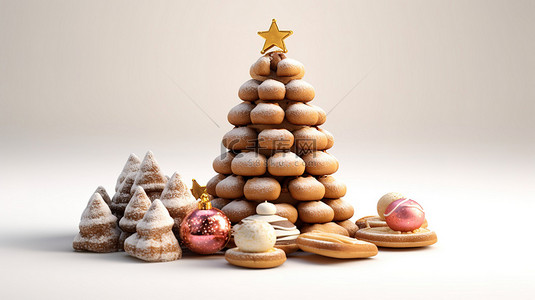 3D 渲染的圣诞树由节日饼干和糖果制成，非常适合节日装饰和烘焙食品