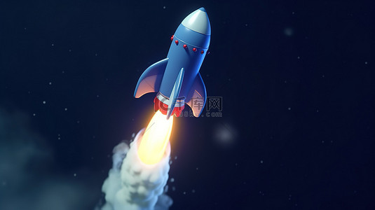 3D 插图中的蓝色动画火箭飞向星空