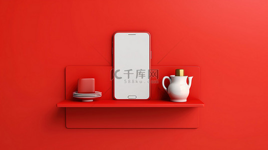 水平红墙架子背景上显示的 3D 插图手机