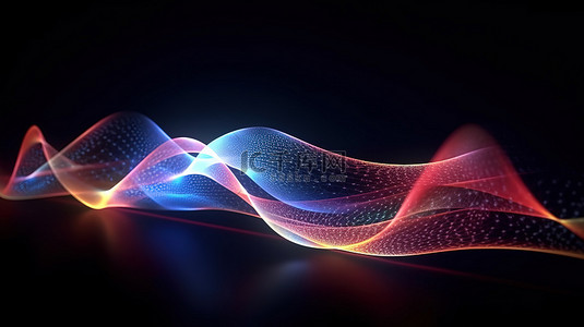 具有发光点和线条互连的未来派抽象网格波的 3D 渲染