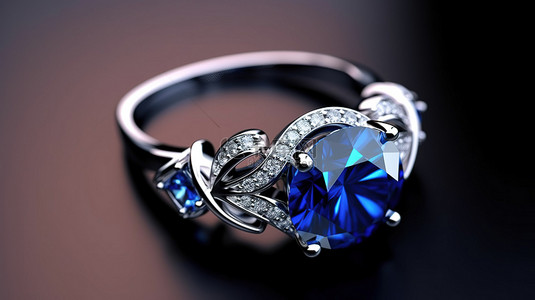3D 渲染的蓝色蓝宝石和钻石戒指在平原背景上的隔离