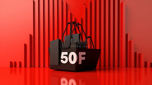 3D 渲染悬挂标签和红色背景百分比，用于黑色星期五销售概念设计