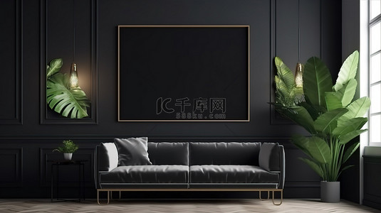 英国画框背景图片_模型场景 3d 渲染画框在带室内植物和黑色沙发的房间里