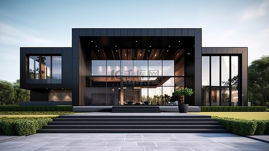 时尚而精致的现代黑色住宅，配有空相框和室外休息区 3D 建筑设计插图