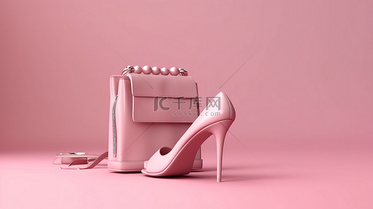 粉色背景下高跟鞋信用卡和包的渲染，强调网上购物和数字营销概念