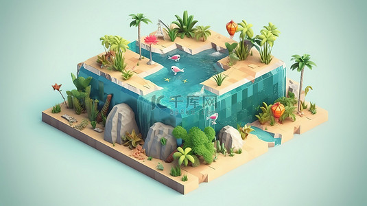棕榈背景背景图片_等距天堂一个 3d 岛，有水沙棕榈和鱼
