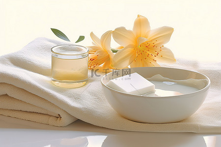 白色毛巾，碗里装有肥皂和花
