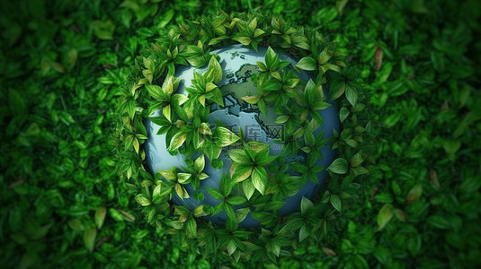 绿叶地球背景图片_地球坐落在郁郁葱葱的绿叶之间的 3D 渲染