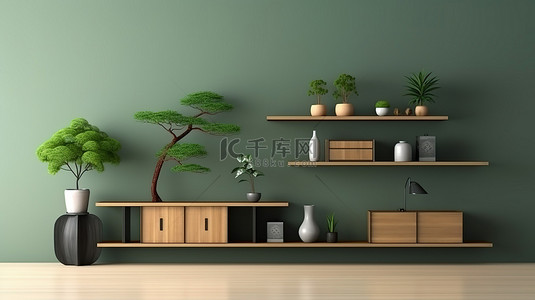 绿色简约家居背景图片_简约的日式客厅内部配有绿色木质展示柜 3D 渲染