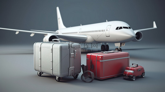 3d 旅行行李箱和汽车的渲染