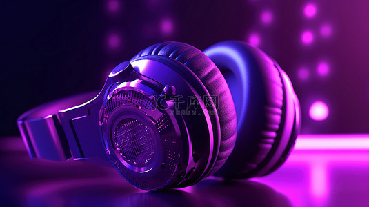 3D 插图中的老式紫色耳机，白色背景，带有孤立的紫色灯