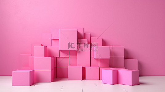 3D 渲染中带有粉红色立方体框的空白墙背景