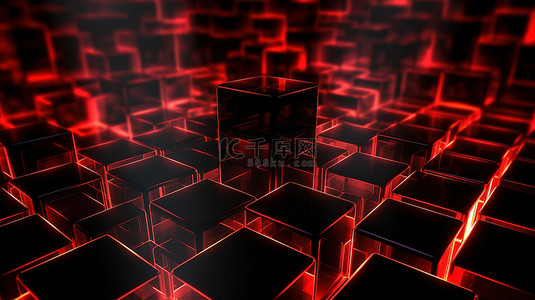 黑色立方体和深色背景上的红色发光立方体的时尚 3D 插图