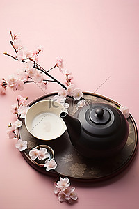 水墨画水墨画背景图片_粉红色盘子上的茶壶和花盆