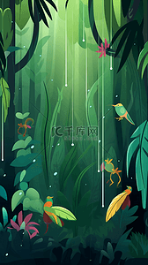 热带雨林框背景图片_彩色叶子热带植物雨滴森林背景雨中风景
